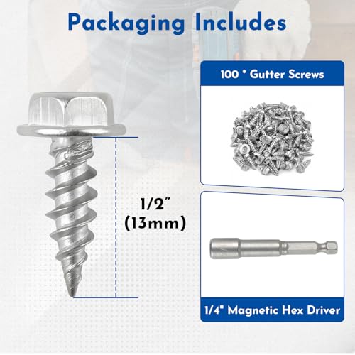 100 Pcs #8-1/2 Self-Tapping Gutter Screws, Stainless Steel Mill Finish Hex Washer Head Screws, Extra Sharp Tip with 1/4" Magnetic Hex Driver for Gutter - size: 8-1/2 (100pcs)