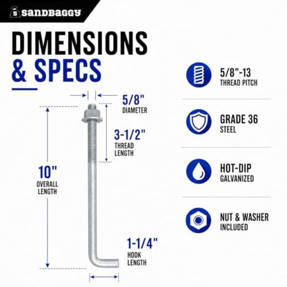 Sandbaggy 5/8" x 10" Threaded Concrete Anchor L-Bolts (Nuts & Washers Included) - Hot Dipped Galvanized - Sill Plate, Base Plate, Masonry, Wood, Cement Anchors, J Bolt (10, 5/8” x 10”) - size: 5/8” x 10”