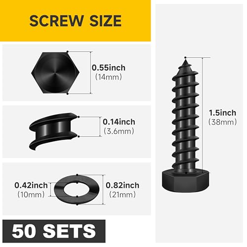 Mywish (50Sets) 3/8" x 1-1/2" Lag Bolts, 304 Stainless Steel 3/8 inch Lag Screws Bolts for Wood, Heavy Duty Hex Head with Flat Washers Bolt Kit, Black Oxided - size: 3/8 x 1-1/2"