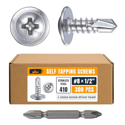 ALBO 300 PCS, #8 x 1/2" Stainless Steel Self Tapping Screws, 410 Stainless Truss Head Sheet Metal Screws, Self Drilling Screws for Steel & Aluminum, Magnetic Fasteners - color: Silver, size: #8 x 1/2"