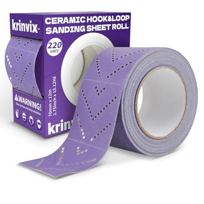 220 Grit Purple Hook & Loop Sandpaper Roll, 70mm x 12m, Ceramic Abrasive with Multi-Hole Dustless Design for Automotive, Wood & Metal, Ideal for Body Repair, Paint Prep & Coating Removal - style: 220 Grit