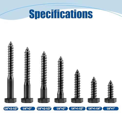 1/4″×1″ Hex Head Lag Screws (20 Sets), 304 Stainless Steel 18-8, Black, Heavy Duty Lag Bolts Wood Screws, with Flat Washer, Containing 1 Hexagonal Socket Wrench