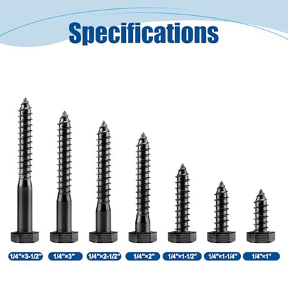 1/4″×1″ Hex Head Lag Screws (20 Sets), 304 Stainless Steel 18-8, Black, Heavy Duty Lag Bolts Wood Screws, with Flat Washer, Containing 1 Hexagonal Socket Wrench