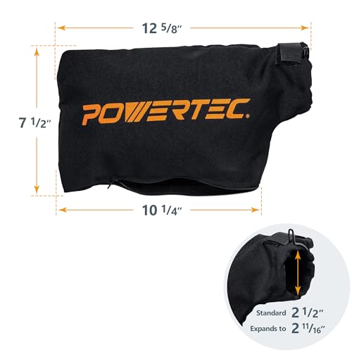 POWERTEC Miter Saw Dust Collector Bag for 10", 12" Miter Saw, Fits Nominal 2-1/2" Dust Ports, Hook and Loop Dust Bag w/Zipper and Wired Adjustable Stand for Belt Sander (75075) - style: 2-1/2" Dust Ports, Miter Saw Dust Bag, 1PK