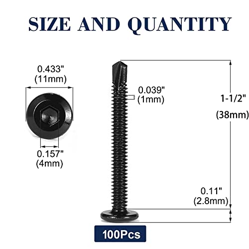 #12 x 1-1/2" Sheet Metal Screws 100Pcs 410 Stainless Steel Flat Head Socket Cap, Tek Allen Socket Drive Fast Self Tapping Black Oxide by SG TZH - size: #12 x 1-1/2"