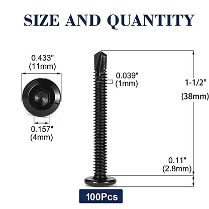 #12 x 1-1/2" Sheet Metal Screws 100Pcs 410 Stainless Steel Flat Head Socket Cap, Tek Allen Socket Drive Fast Self Tapping Black Oxide by SG TZH - size: #12 x 1-1/2"