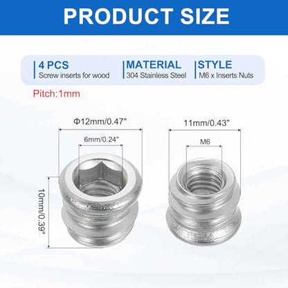 MECCANIXITY 4Pcs Threaded Inserts Nuts, M6x10mm Hex Socket Drive Nut Inserts for Wood - 304 Stainless Steel Screws Furniture Screw in Nuts Bolt Fastener Connector Wood - size: M6x10mm