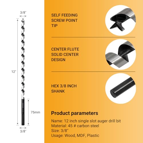 3/8 Inch x 12 Inch Auger Drill Bit, Hex Shank - size: 3/8" x 12"