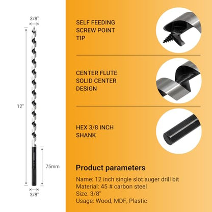 3/8 Inch x 12 Inch Auger Drill Bit, Hex Shank - size: 3/8" x 12"