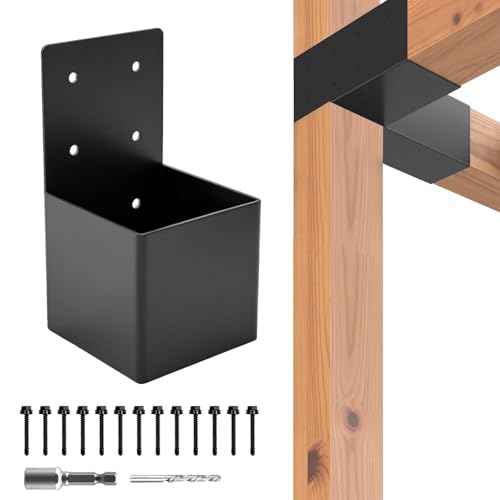 HANBENTYTEX 1Pac 4x4 Pergola Post Top Rafter Bracket kit,Heavy Duty 14 Gauge Pavilion Bracket Actual for 3.5”x3.5” Square Wood Post,DIY Wood Beam Contector Bracket with Screws for Porch,Log Cabin