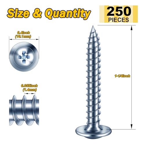Mywish 250Pcs #8 × 1-1/4"" Phillips Truss Head Wood Screws, Quick Metal Self Tapping, Small Wood Screws, Galvanized Iron Zinc Oxide Plated Steel, Silver - color: Silver, size: #8×1-1/4"