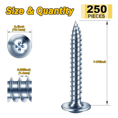 Mywish 250Pcs #8 × 1-1/4"" Phillips Truss Head Wood Screws, Quick Metal Self Tapping, Small Wood Screws, Galvanized Iron Zinc Oxide Plated Steel, Silver - color: Silver, size: #8×1-1/4"