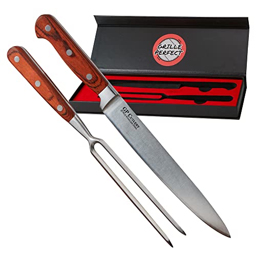 Meat Carving Knife Set with Fork, Kitchen Tool for Turkey, Ham, Pork, Full Tang Stainless Steel, Hardwood Handle and Gift Storage Box