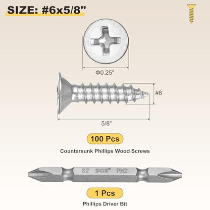 METALLIXITY 101Pcs #6x5/8 Countersunk Phillips Wood Screws Kit SS304 - color: Silver, size: #6x5/8"