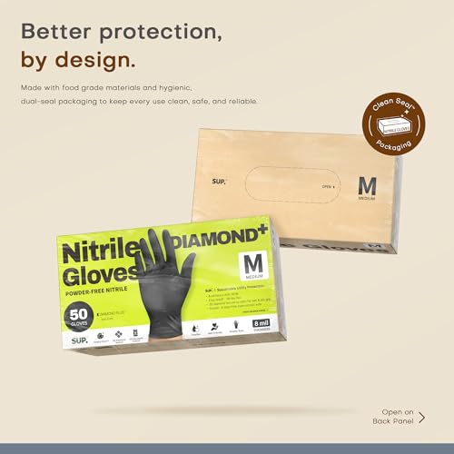 SUPER+ HEAVY DUTY Nitrile Gloves 8 Mil Diamond Texture Disposable Chemical Resistant Powder &Latex Free Food Safe Black 50 Ct - color: Medium (Iron-grey)
