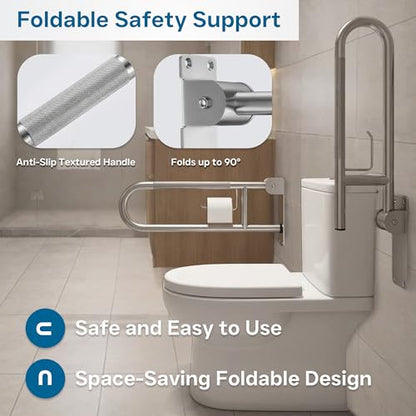26-Inch Foldable Toilet Grab Bar – 90° Flip-Up Design, Premium 304 Stainless Steel, Anti-Slip Grip with Built-in Paper Holder, Wall-Mounted Handicap Safety Rail, Supports 350–400 lbs - size: 26-Inch