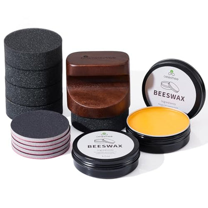 Wood Cutting Board Oil Applicator Kit with Beeswax, Great for Butcher Blocks Counter Tops and Wooden Utensils Wax, Includes Beeswax (7oz), 5 Sponge Heads and 5 Sanding Heads - color: Brown