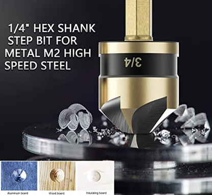 Countersink Drill Bit Set for Metal 5 Pieces - M2 Cobalt Countersunk Bits,5 Flute 82 Degree,1/4" Hex Shank Countersunk Bit Set 1/4'' 3/8'' 1/2'' 5/8'' 3/4'' for Drilling Copper, Aluminum, and Wood. - color: Gold