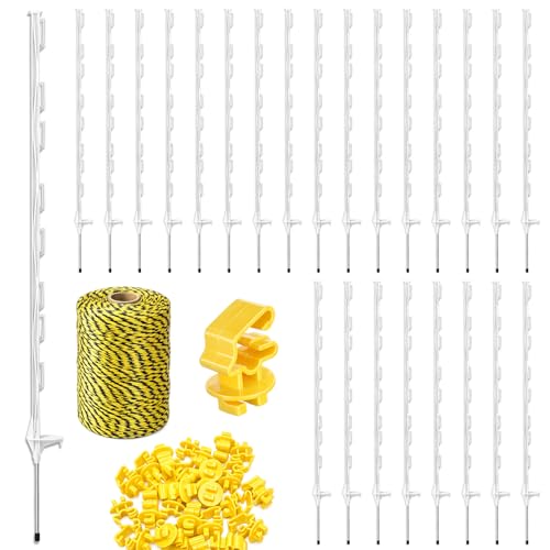 76 Pcs Electric Fence Kit with 656 Feet Polywire, 25 Pcs 47 Inch Plastic Step in Fence Post and 50 Standard Snug Fitting T Post Insulators for Garden Lawn Farm Fencing Protection - color: White, size: Plastic Step-in Fence Posts