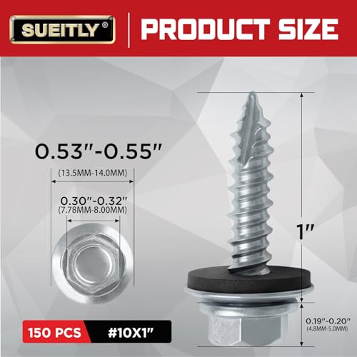 #10 x 1 Metal Roofing Screws with EPDM Washer, Hex Head Self Drilling Roof Screws, Zinc Plated, 150 Pack - size: #10 x 1"