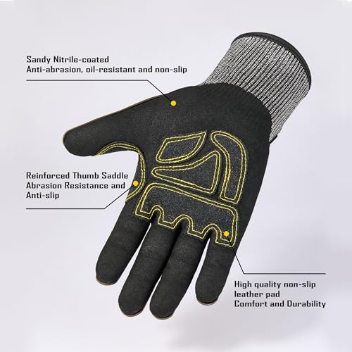 COOLJOB A7 Cut Resistant Work Gloves with TPR, Nitrile Coated Anti-Slip Impact Gloves, Touchscreen Heavy Duty Safety Mittens - size: Large