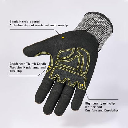 COOLJOB A7 Cut Resistant Work Gloves with TPR, Nitrile Coated Anti-Slip Impact Gloves, Touchscreen Heavy Duty Safety Mittens - size: Large