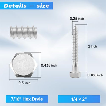 Glvaner (20 pcs) 1/4" x 2" Stainless Steel Hex Head Lag Bolts, Hexagonal Head Lag Screws, 304 Stainless Steel 18-8, Secure Hold for Wood - size: 1/4 x 2"