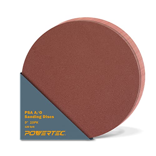 POWERTEC 10 PCS 120 Grit 9 Inch PSA Sanding Discs, Self Stick Adhesive Sandpaper, 9" for Drywall, Woodworking, Paint, Epoxy with Random Orbital Sanders, DA Sanders, 6x48 Belt Disc Sander (110590) - style: 120 Grit, 10PK