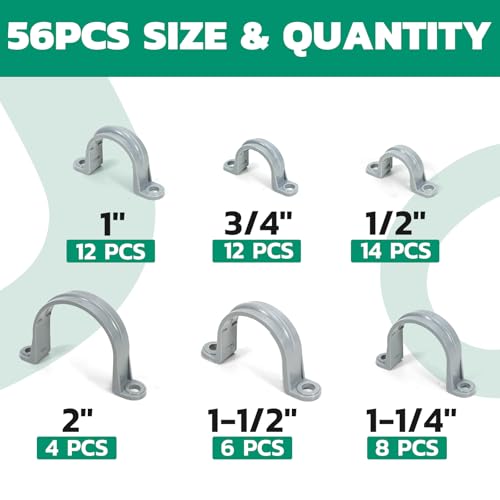 OURU 56PCS PVC Pipe Straps Assortment,2-Hole Conduit Clamp,1/2"-2", 6 Sizes - size: Assortment Kit