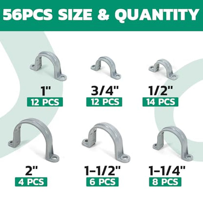 OURU 56PCS PVC Pipe Straps Assortment,2-Hole Conduit Clamp,1/2"-2", 6 Sizes - size: Assortment Kit