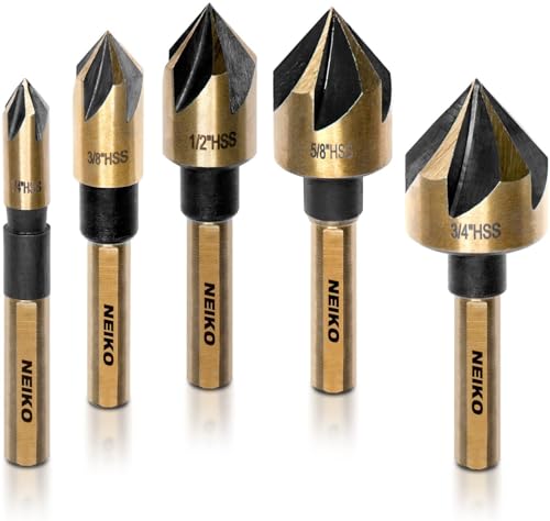 NEIKO 10218A Countersink Drill Bit Set for Wood and Metal, 1/4” Tri-Flat Shank, 5 Piece Countersink Bits, M2 High Speed Steel - size: 5 Piece, style: Countersink