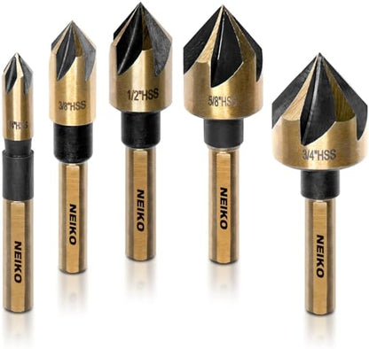 NEIKO 10218A Countersink Drill Bit Set for Wood and Metal, 1/4” Tri-Flat Shank, 5 Piece Countersink Bits, M2 High Speed Steel - size: 5 Piece, style: Countersink