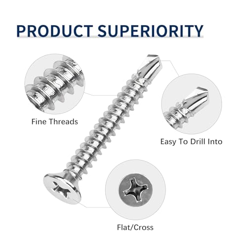 #6 x 1 (100 Pack) Flat Head Phillips Drive Sheet Metal Screws, Stainless Steel 410 Self Drilling Screws,Countersun Head Fast Self-Tapping Screws for Metal, Plastic, Wood