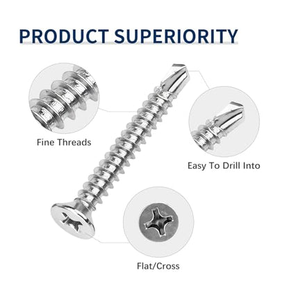 #6 x 1 (100 Pack) Flat Head Phillips Drive Sheet Metal Screws, Stainless Steel 410 Self Drilling Screws,Countersun Head Fast Self-Tapping Screws for Metal, Plastic, Wood