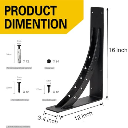 Heavy Duty Shelf Brackets，max Load 900 LBS,Premium Alloy Metal Mantel Brackets , (Set of 2) Fireplace Mantel Brackets - Countertop Support Brackets (Matte Black, 16 inch x 12 inch) - size: 16 inch x 12 inch