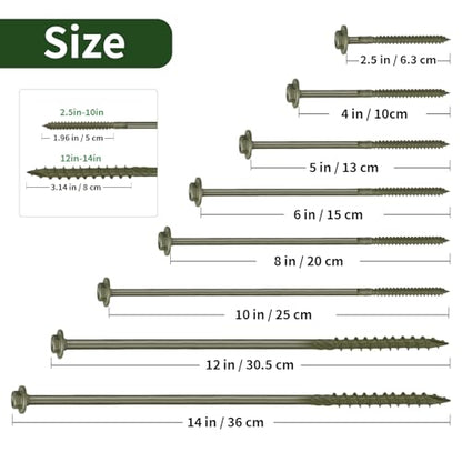 Timber Screws #14 x 5 inch, Heavy Duty Wood Screws with Hex Socket, Green Outdoor Lag Screws for Deck, Fence, Garden Self-Tapping, Rust-Resistant Coated, Sample Pack 18pcs - size: #14 x 5" 18PCS