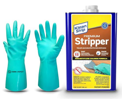 Paint & Varnish Remover Klean Strip Premium Stripper– Fast-Acting Stripper for Epoxy, Polyurethane, Wood, Metal & Masonry – Includes Protective Omni Depot Gloves – 1 QT