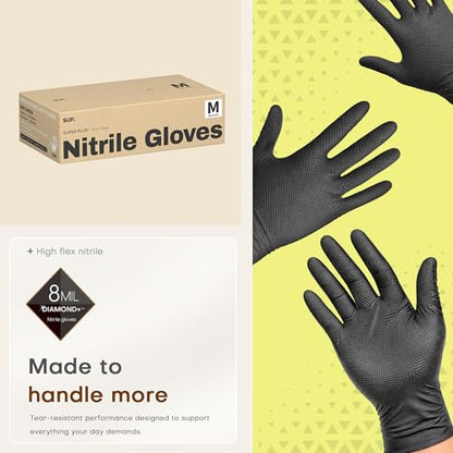 SUPER+ HEAVY DUTY Nitrile Gloves 8 Mil Diamond Texture Disposable Chemical Resistant Powder &Latex Free Food Safe Black 50 Ct - color: Medium (Iron-grey)