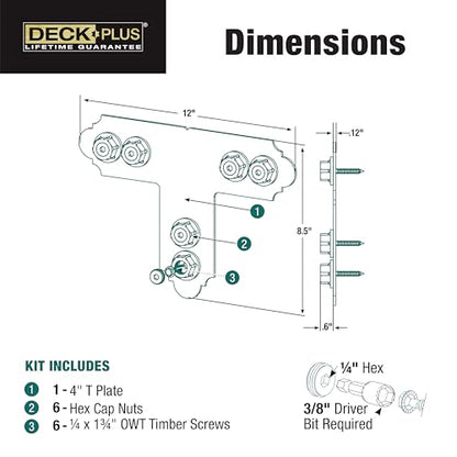 Deck Plus Laredo Sunset T Plate Connector Kit, 4in, 1 Pack, Black