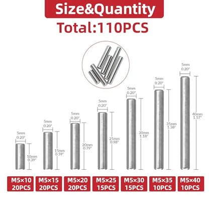 110Pcs Dowel Pins Kit, M5 x 10-40mm Stainless - size: 110pcs Dowel Pins