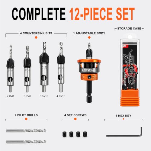 12 PCS Wood Countersink Drill Bits, M2 High Speed Steel 4-Flute Pilot Bits, Depth Stop & L-Wrench, Precision Kit for Wood, Plastic, DIY & Drilling Tasks