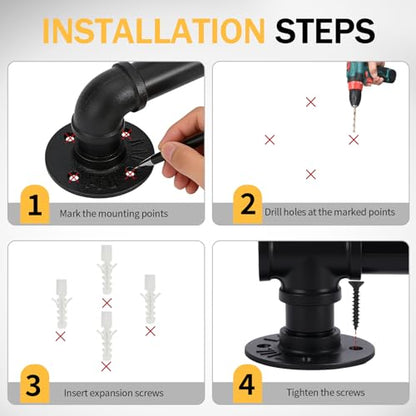 4FT Iron Stair Handrail Black Heavy Duty Courtyard Handrail for Steps, Indoor/Outdoor Anti‑Rust Painted Finish Ergonomic Grip Easy Assembly Kit for Home Porch Garage