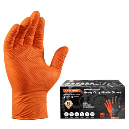 ANBOSON 10 Mil Heavy Duty Diamond Texture Nitrile Gloves, Large, 100 Ct - color: Orange of 100, size: Large