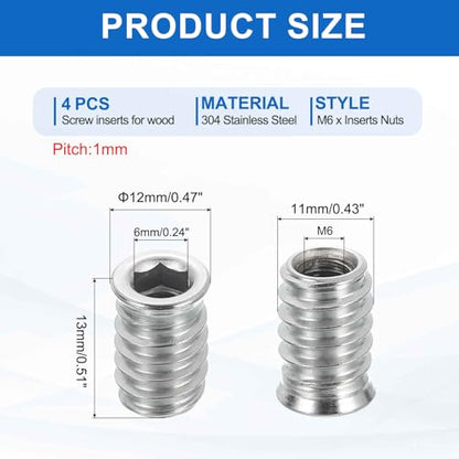 MECCANIXITY 4Pcs Threaded Inserts Nuts, M6x13mm Hex Socket Drive Nut Inserts for Wood - 304 Stainless Steel Screws Furniture Screw in Nuts Bolt Fastener Connector Wood - size: M6x13mm