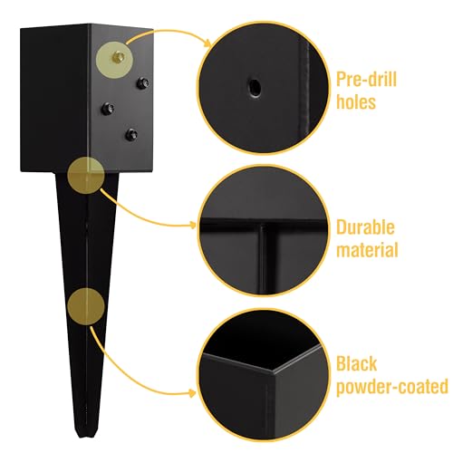 LADECH 4x4 Fence Post Anchor Ground Spike 16” Length Metal Black Powder Coated – Mailbox Post Anchors – Fit 3.5x3.5 Wood Posts (4 Pcs)