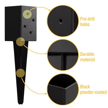 LADECH 4x4 Fence Post Anchor Ground Spike 16” Length Metal Black Powder Coated – Mailbox Post Anchors – Fit 3.5x3.5 Wood Posts (4 Pcs)