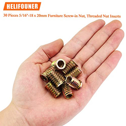 5/16-18 Threaded Inserts, Wood Inserts, Steel Threaded Inserts for Wood Furniture Screw, HELIFOUNER 30 Pieces 5/16”-18 x 20mm Threaded Inserts with Hex Wrench for Wood Furniture - size: 5/16"-18 x 20mm