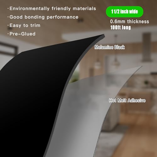 YANYE Black Edge Banding, 1 1/2 inch x 100ft roll of Wood Veneer Melamine Edge Banding Preglued, Tape Banding for Cabinet Repair Furniture - color: Black, size: 1 1/2"x 100ft