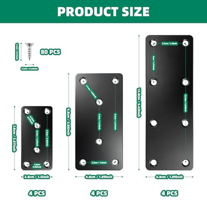 12 PackBlack Mending Plates for Wood Heavy Duty Flat Metal 3 Sizes