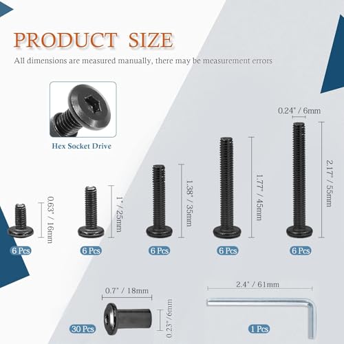 M6 Hex Drive Socket Cap Bolt Kit, Black, 30 Sets - color: Black, size: M6x16/25/35/45/55mm